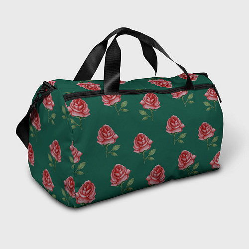 Спортивная сумка Ярко красные розы на темно-зеленом фоне / 3D-принт – фото 1