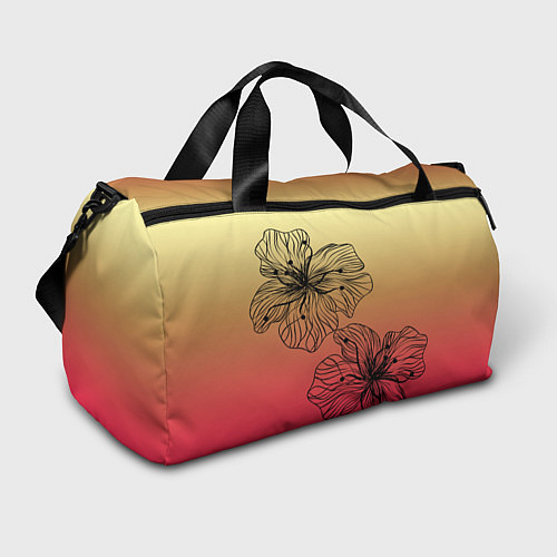 Спортивная сумка Черные абстрактные цветы на красно-желтом градиент / 3D-принт – фото 1
