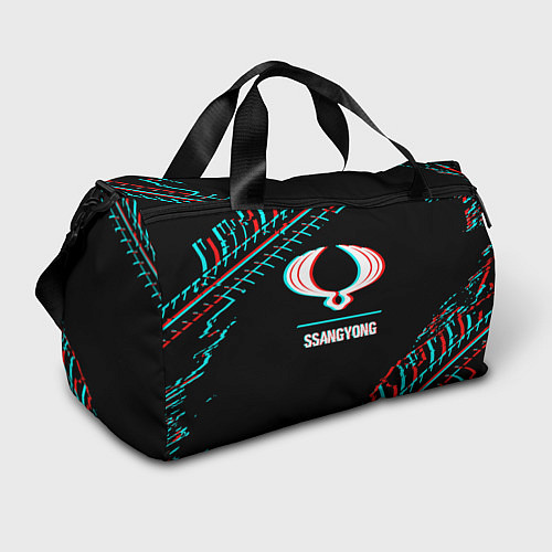 Спортивная сумка Значок SsangYong в стиле glitch на темном фоне / 3D-принт – фото 1