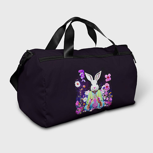 Спортивная сумка Кролик в цветах на черном фоне / 3D-принт – фото 1
