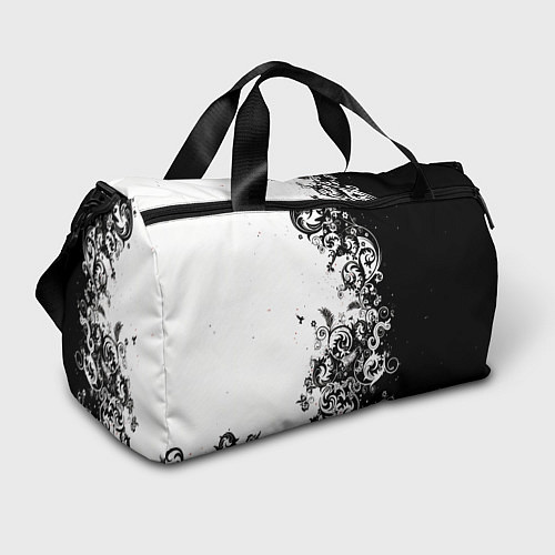 Спортивная сумка Черно-белая птица среди узорчатых цветов / 3D-принт – фото 1