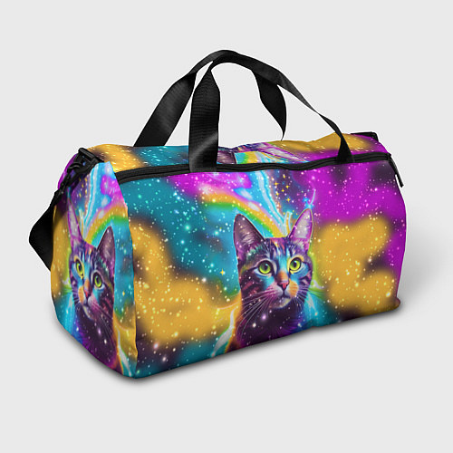 Спортивная сумка Полосатый кот с разноцветной звездной туманностью / 3D-принт – фото 1