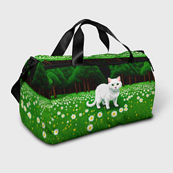 Спортивная сумка Белый кот на лугу пиксель арт
