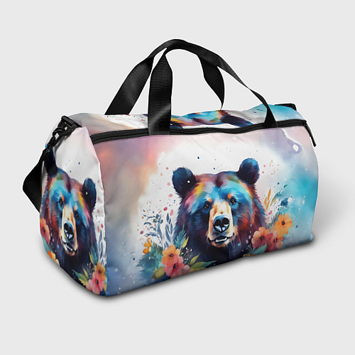 Спортивная сумка Портрет медведя гризли с цветами акварелью / 3D-принт – фото 1