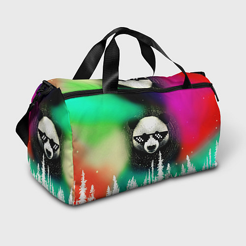 Спортивная сумка Панда в очках на фоне северного сияния и леса / 3D-принт – фото 1