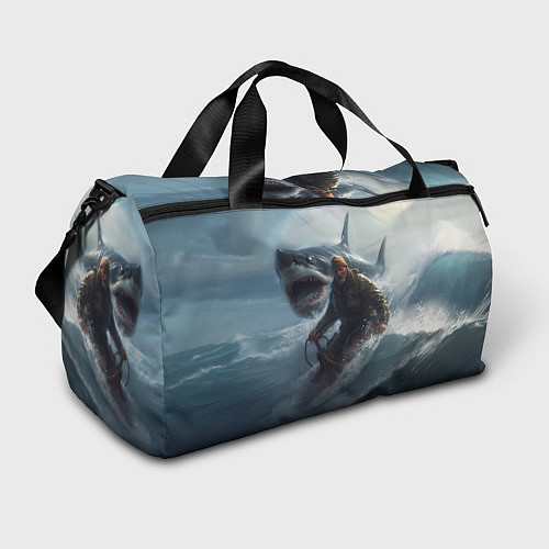 Спортивная сумка Мужчина уплывает от акулы на обломках лодки / 3D-принт – фото 1