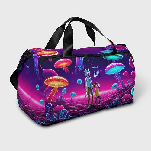 Спортивная сумка Морти и Рик на планете неоновых сказочных грибов / 3D-принт – фото 1