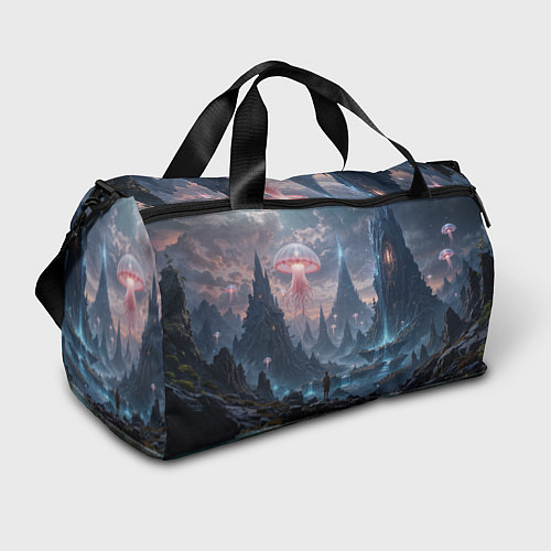 Спортивная сумка Фантастический мир с медузами и озеро у гор / 3D-принт – фото 1