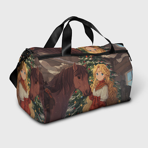 Спортивная сумка Аниме девочка с лошадкой встречают Новый год / 3D-принт – фото 1