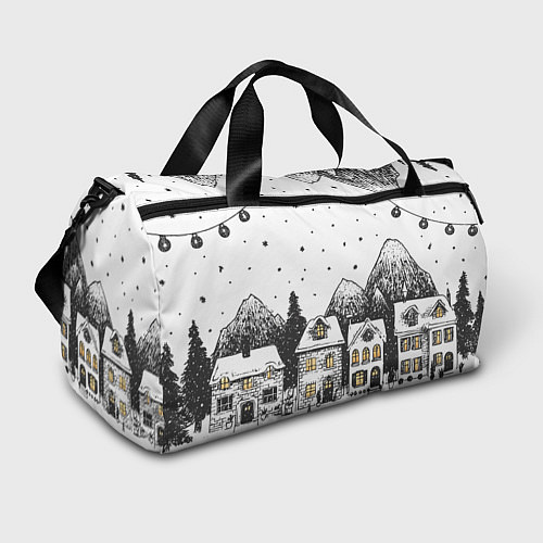 Спортивная сумка Черно-белый новогодний город / 3D-принт – фото 1