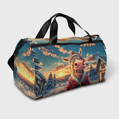 Спортивная сумка Новогодняя комическая лошадь в лесу / 3D-принт – фото 1