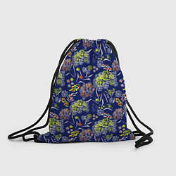 Рюкзак-мешок Оранжево-зеленый цветочный узор на синем фоне, цвет: 3D-принт