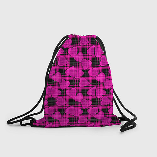 Мешок для обуви Black and pink hearts pattern on checkered / 3D-принт – фото 1