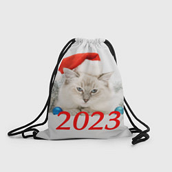 Рюкзак-мешок Белый кот в шапочке деда мороза, цвет: 3D-принт