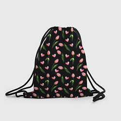Рюкзак-мешок Тюльпаны и сердечки на черном - паттерн, цвет: 3D-принт