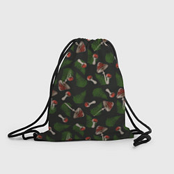Рюкзак-мешок Мухоморы и папоротник на черном - паттерн, цвет: 3D-принт