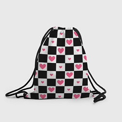 Рюкзак-мешок Розовые сердечки на фоне шахматной черно-белой дос, цвет: 3D-принт