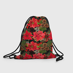 Рюкзак-мешок Новогодний узор из пуансетии и еловых шишек, цвет: 3D-принт