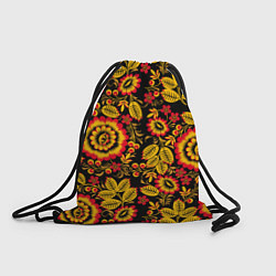 Рюкзак-мешок Хохломская роспись золотистые листья и цветы чёрно, цвет: 3D-принт