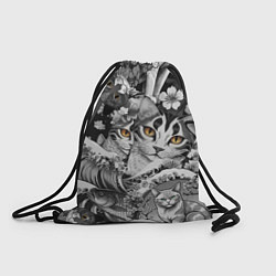 Рюкзак-мешок С котами и рыбой на фоне сакуры в волнах, цвет: 3D-принт