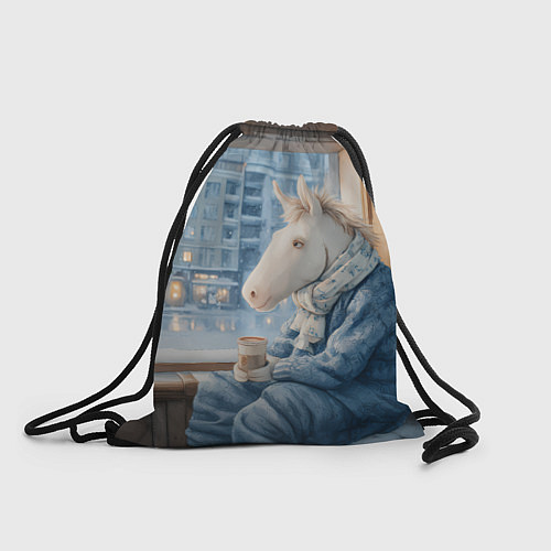 Мешок для обуви Лошадка пьет кофе на подоконнике / 3D-принт – фото 1