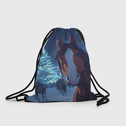 Рюкзак-мешок Лошадь на фоне новогодней елки, цвет: 3D-принт