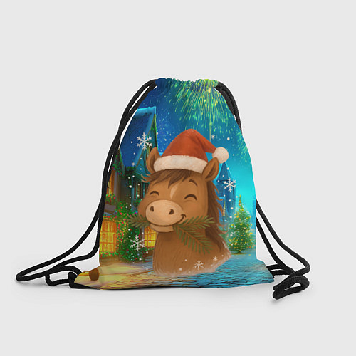 Мешок для обуви Новогодняя лошадка жует елочные ветки / 3D-принт – фото 1