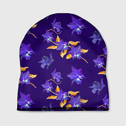 Шапка Цветы Фиолетовые Ирисы На Синем Фоне, цвет: 3D-принт