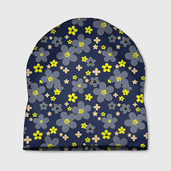 Шапка Лимонного цвета цветы на серо-синем фоне, цвет: 3D-принт