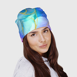 Шапка Абстракция в разных оттенках синего с золотыми нит, цвет: 3D-принт — фото 2
