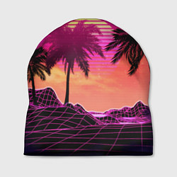 Шапка Пальмы и пляж в розовом закате ретро дизайн