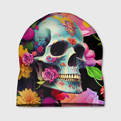 Шапка Skull on a background of flowers - irezumi