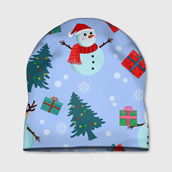 Шапка Снеговики с новогодними подарками паттерн, цвет: 3D-принт
