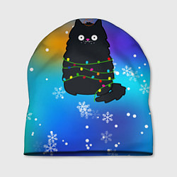Шапка Новогодний котик и снежинки, цвет: 3D-принт
