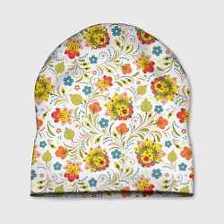 Шапка Хохломская роспись разноцветные цветы на белом фон, цвет: 3D-принт