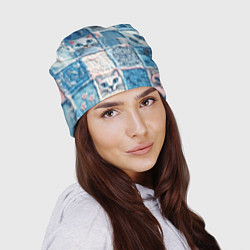 Шапка Кошки на пэчворк джинсах паттерн, цвет: 3D-принт — фото 2