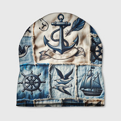 Шапка Пэчворк с якорем - джинсовка моряка, цвет: 3D-принт