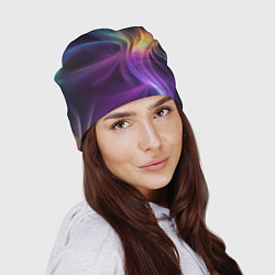 Шапка Радужные неоновые волны и разводы на черном фоне, цвет: 3D-принт — фото 2