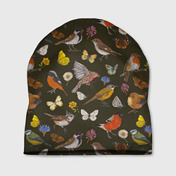 Шапка Птицы и бабочки с цветами паттерн