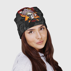 Шапка Череп в кокошнике на фоне матрёшек и балалаек, цвет: 3D-принт — фото 2