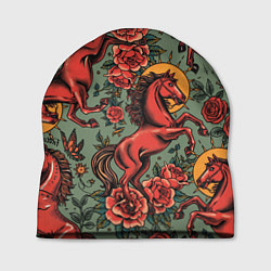 Шапка Красный конь и розы, цвет: 3D-принт