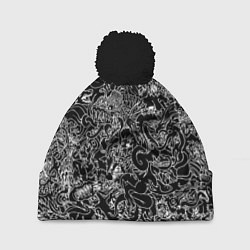 Шапка c помпоном Монстры черно-белый паттерн
