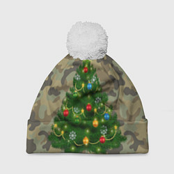 Шапка с помпоном Ёлка на армейском камуфляже для нового года, цвет: 3D-белый