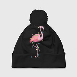 Шапка с помпоном Новогодний Фламинго, цвет: 3D-черный