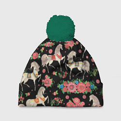 Шапка c помпоном Лошади и цветы