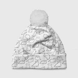 Шапка с помпоном Белый паттерн с котиками, цвет: 3D-белый