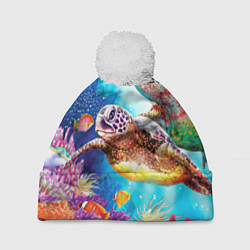 Шапка с помпоном Морские черепахи, цвет: 3D-белый