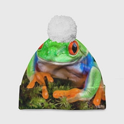 Шапка с помпоном Тропическая лягушка, цвет: 3D-белый
