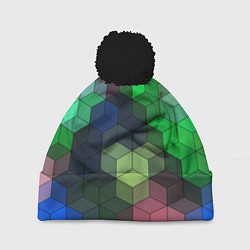 Шапка с помпоном Разноцветный геометрический уз, цвет: 3D-черный