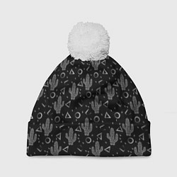 Шапка c помпоном Черно белые кактусы